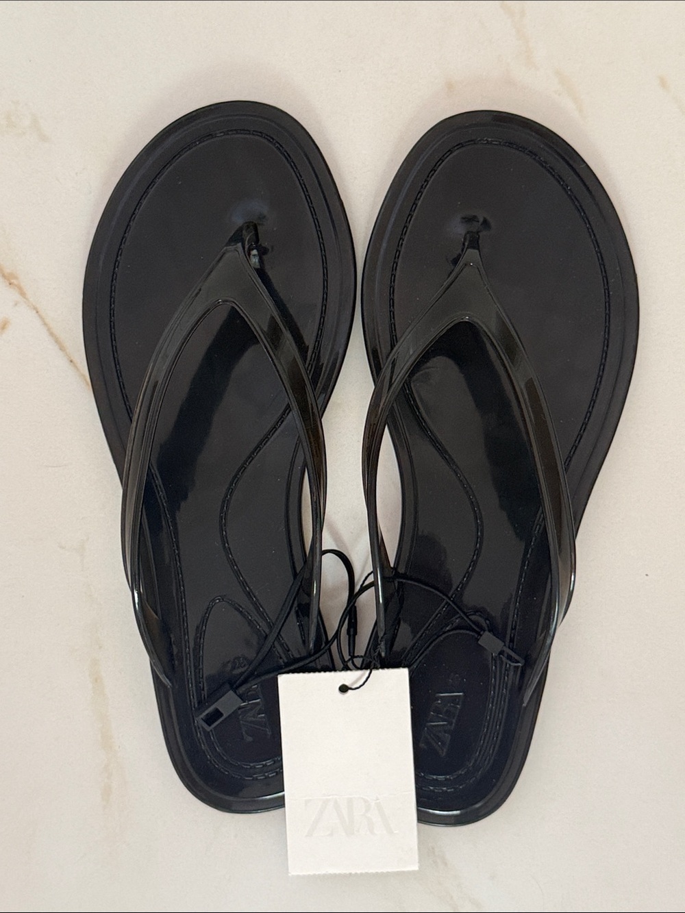 Zara Black Glossy Thong Sandals for Women - size 37